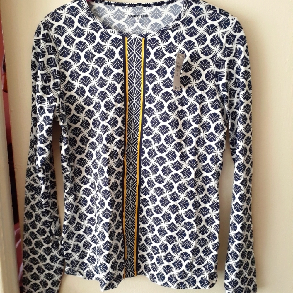 NWT*Lands' End navy print border* long sleeve rash guard*XS